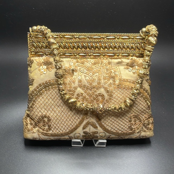 MEERA MAHADEVIA~EVENING BAG~EMBROIDERED/BEADED BY HAND ON GOLD SILK - Picture 2 of 3